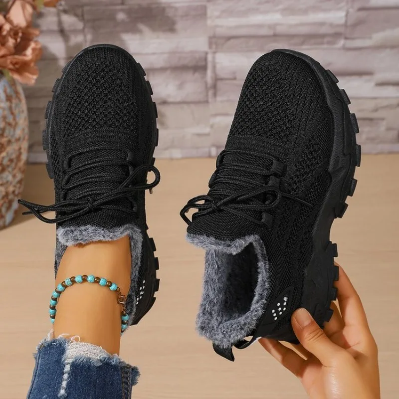 Knit Fabric Lace Up Sneakers - Kadınlar için Kışlık Termal Spor Ayakkabılar,